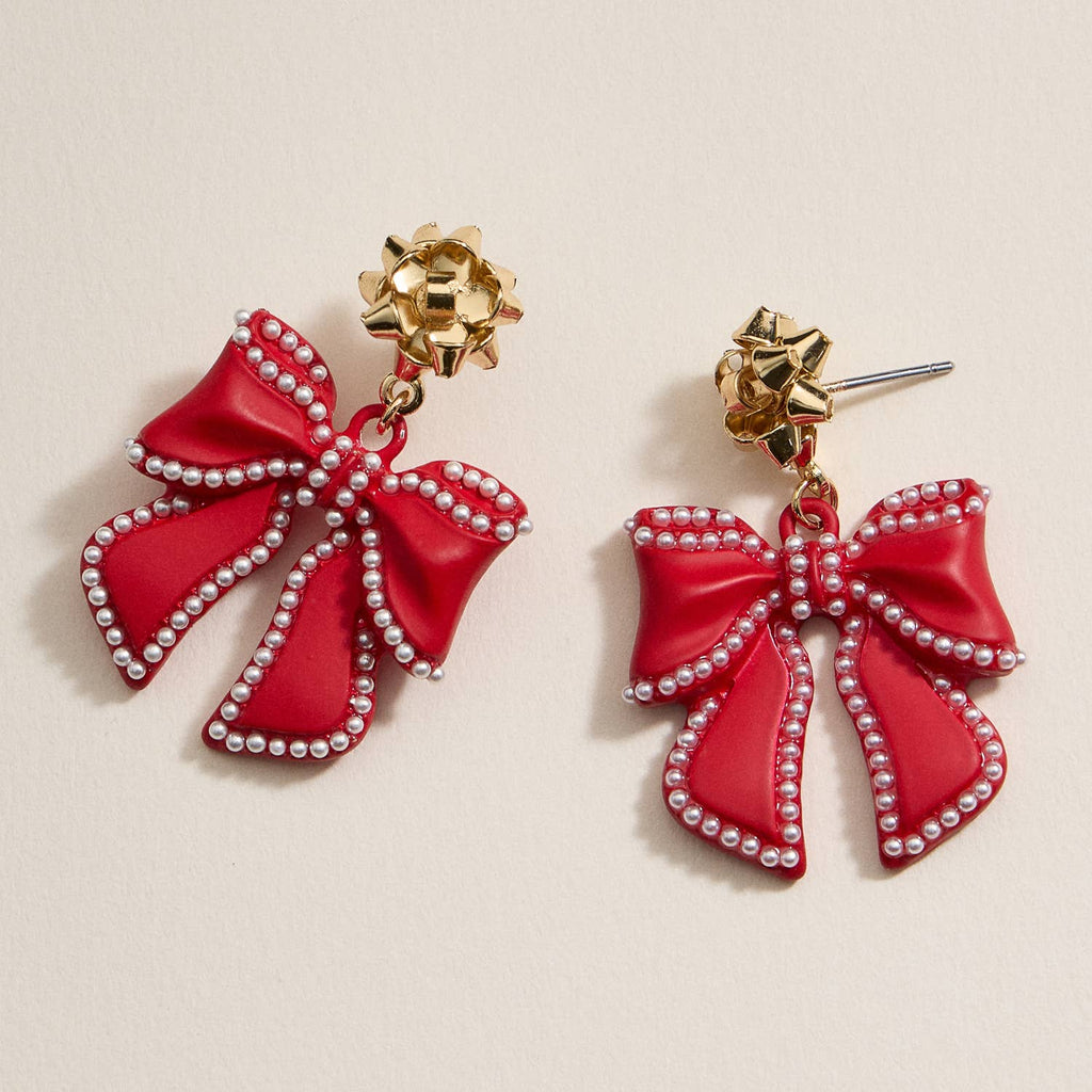 Christmas Bow Enamel Dangling Earrings: Red
