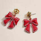 Christmas Bow Enamel Dangling Earrings: Red