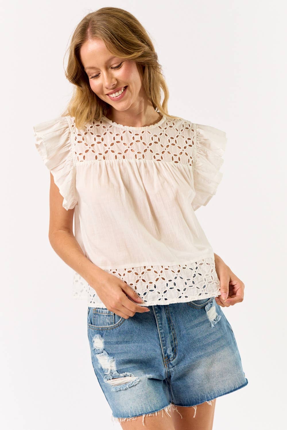 Off White Embroidered Top With Ruffled Sleeves