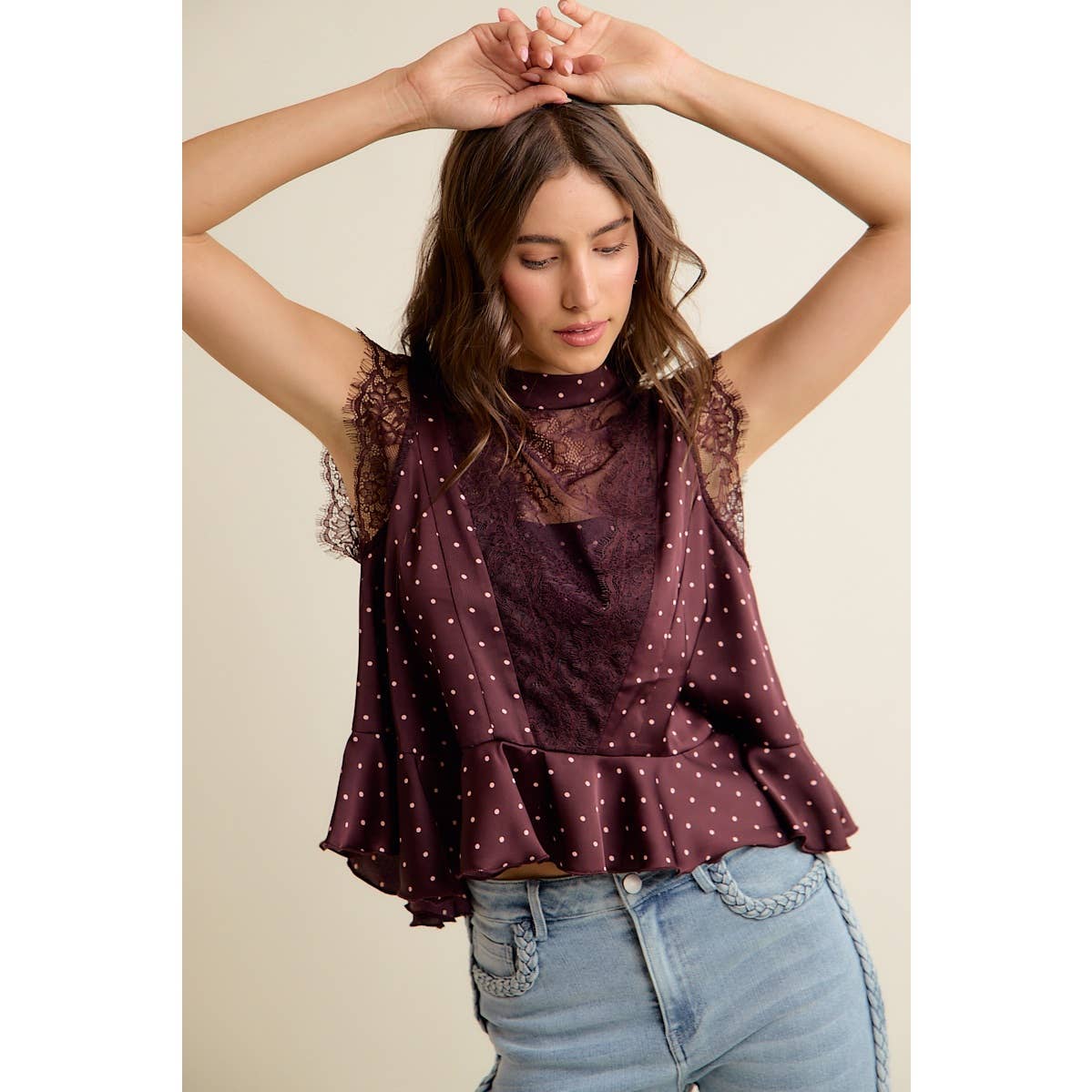 WINE POLKA DOT SATIN LACE TRIM RUFFLED HIGH NECK BLOUSE TOP