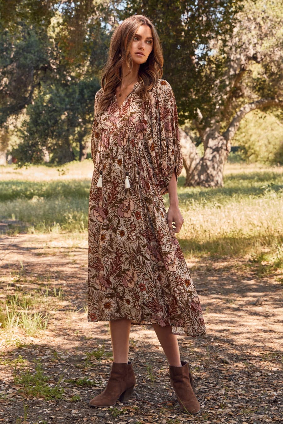 Bohemian Floral Maxi Dress: Beige Multi
