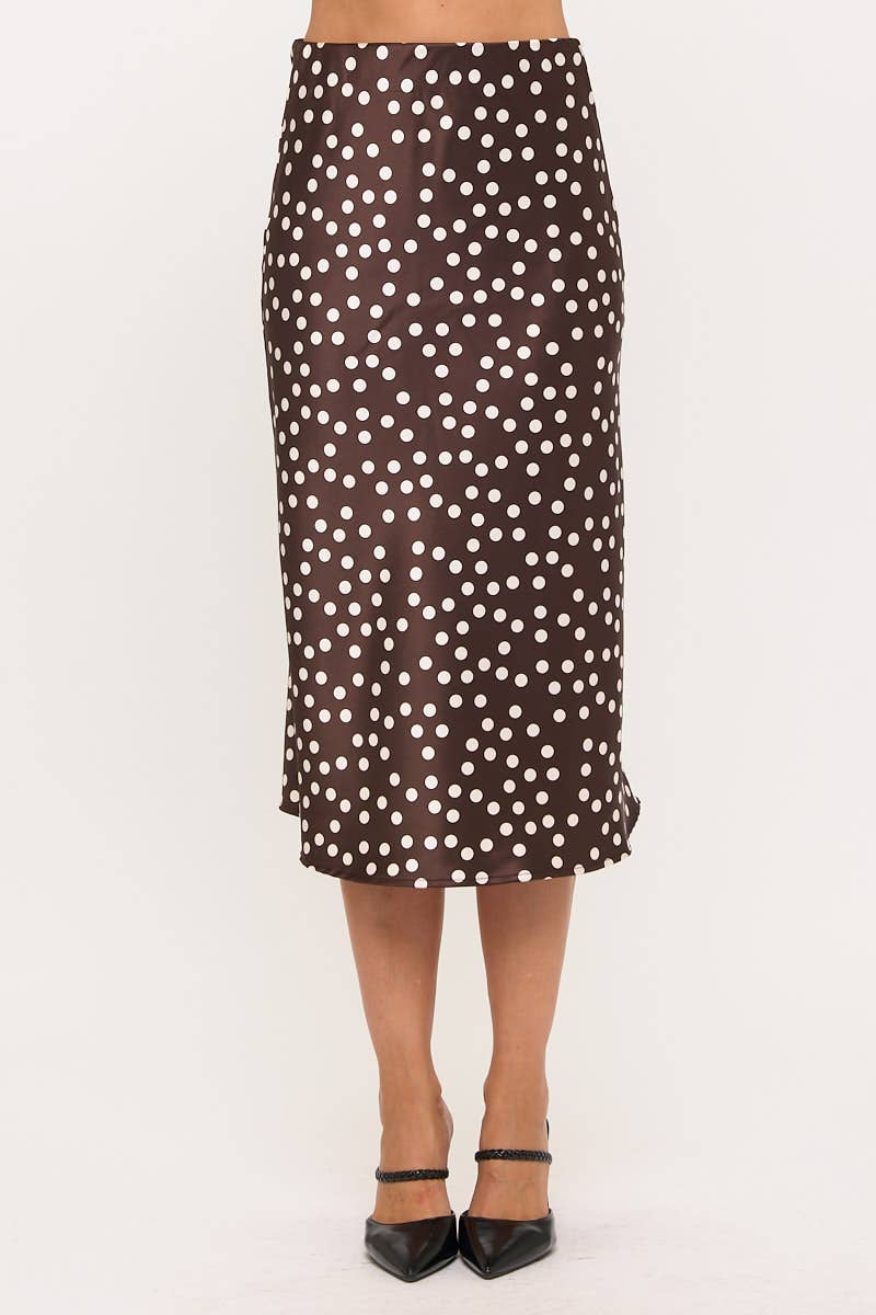 BROWN Polka Dot Satin Midi Skirt