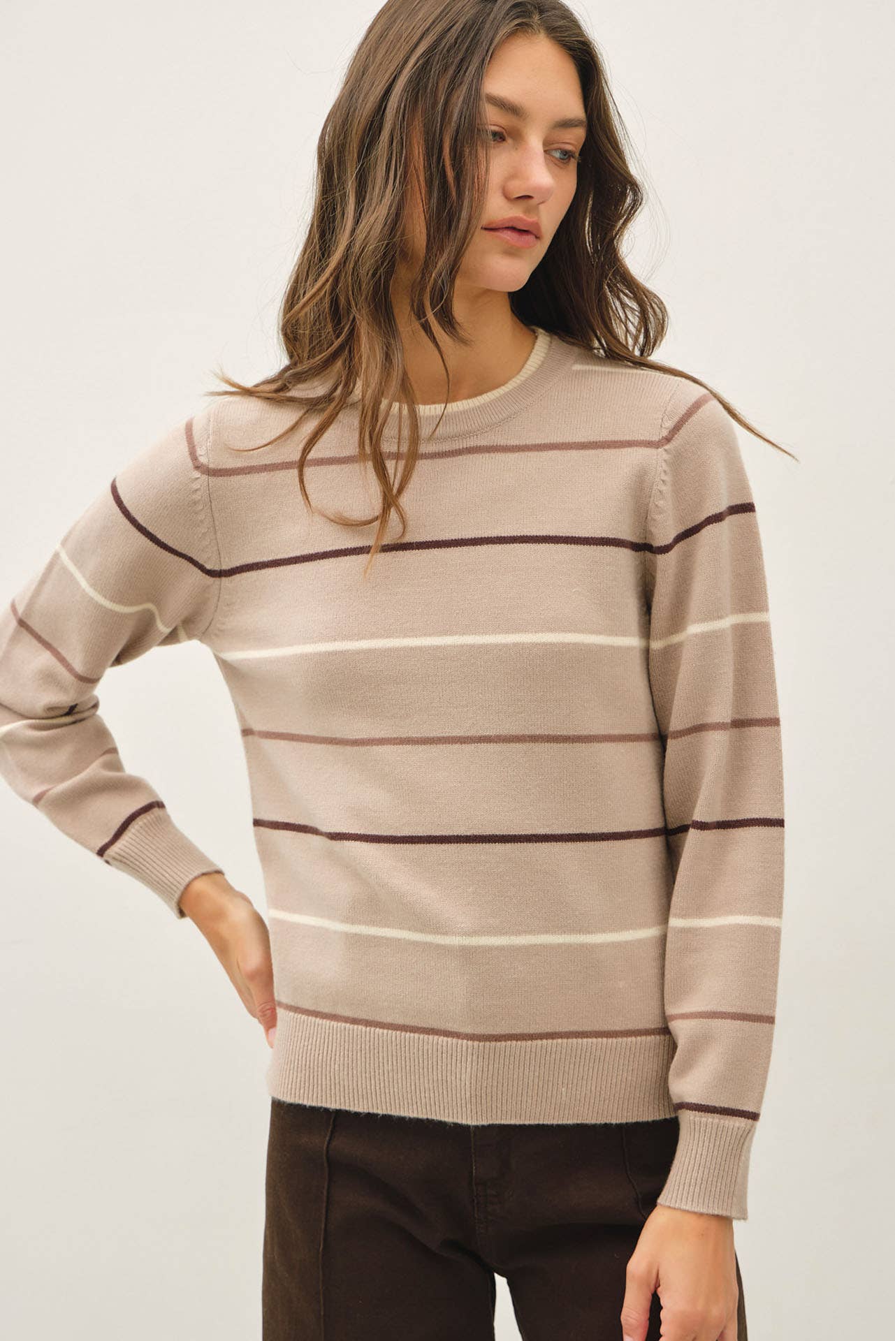 SAND DOUBLE LAYERED LOOK  STRIPE SWEATER TOP