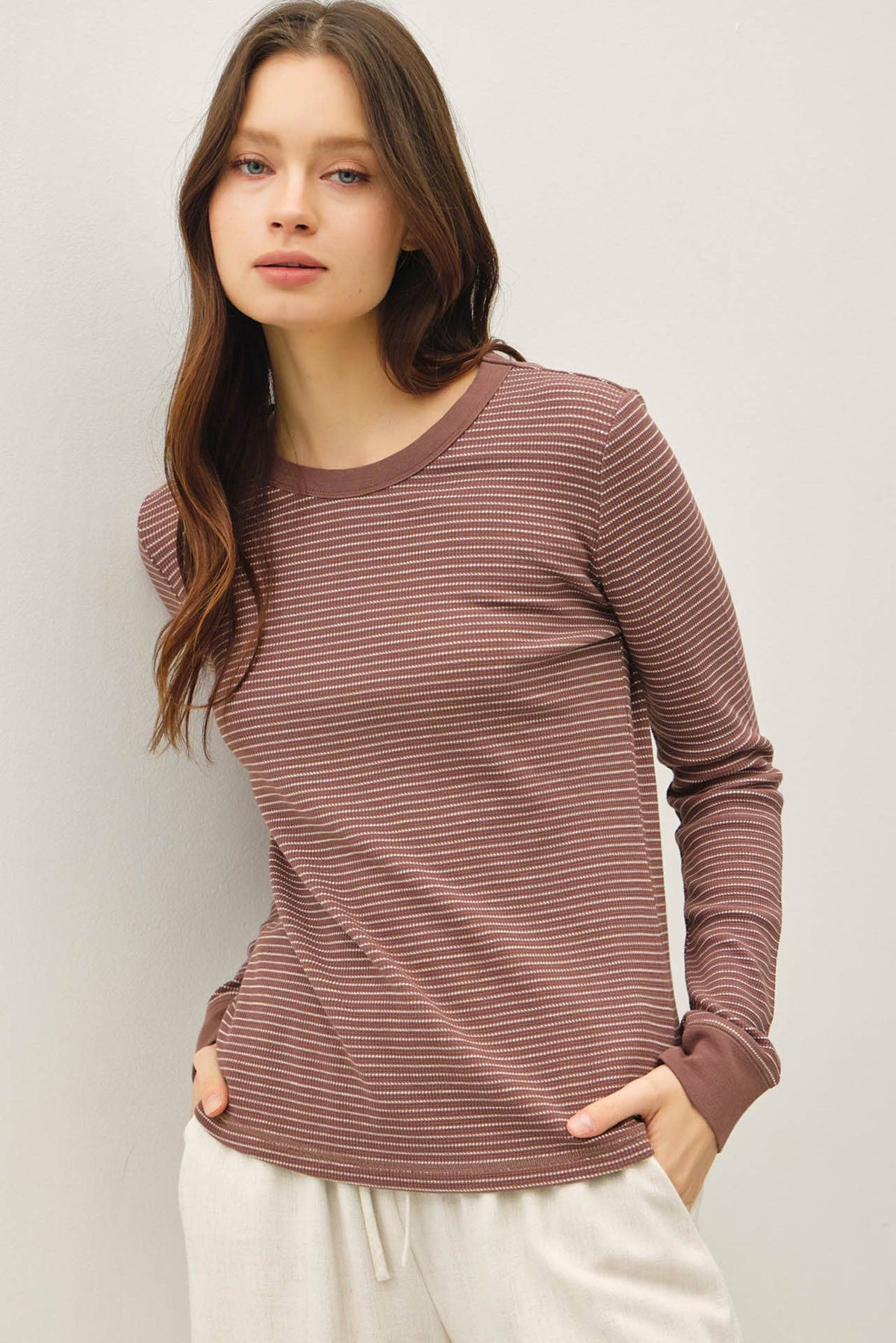STITCHED THERMAL CREW NECK TOP: OATMEAL