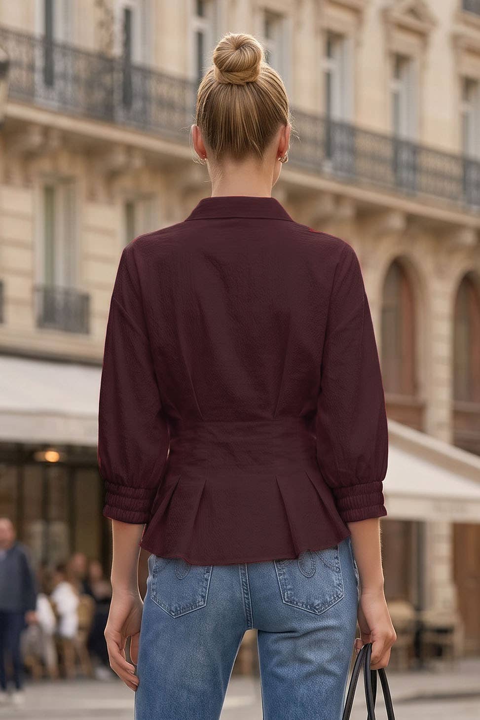 NAVY DART DETAIL 3/4 SLEEVE BUTTON DOWN BLOUSE