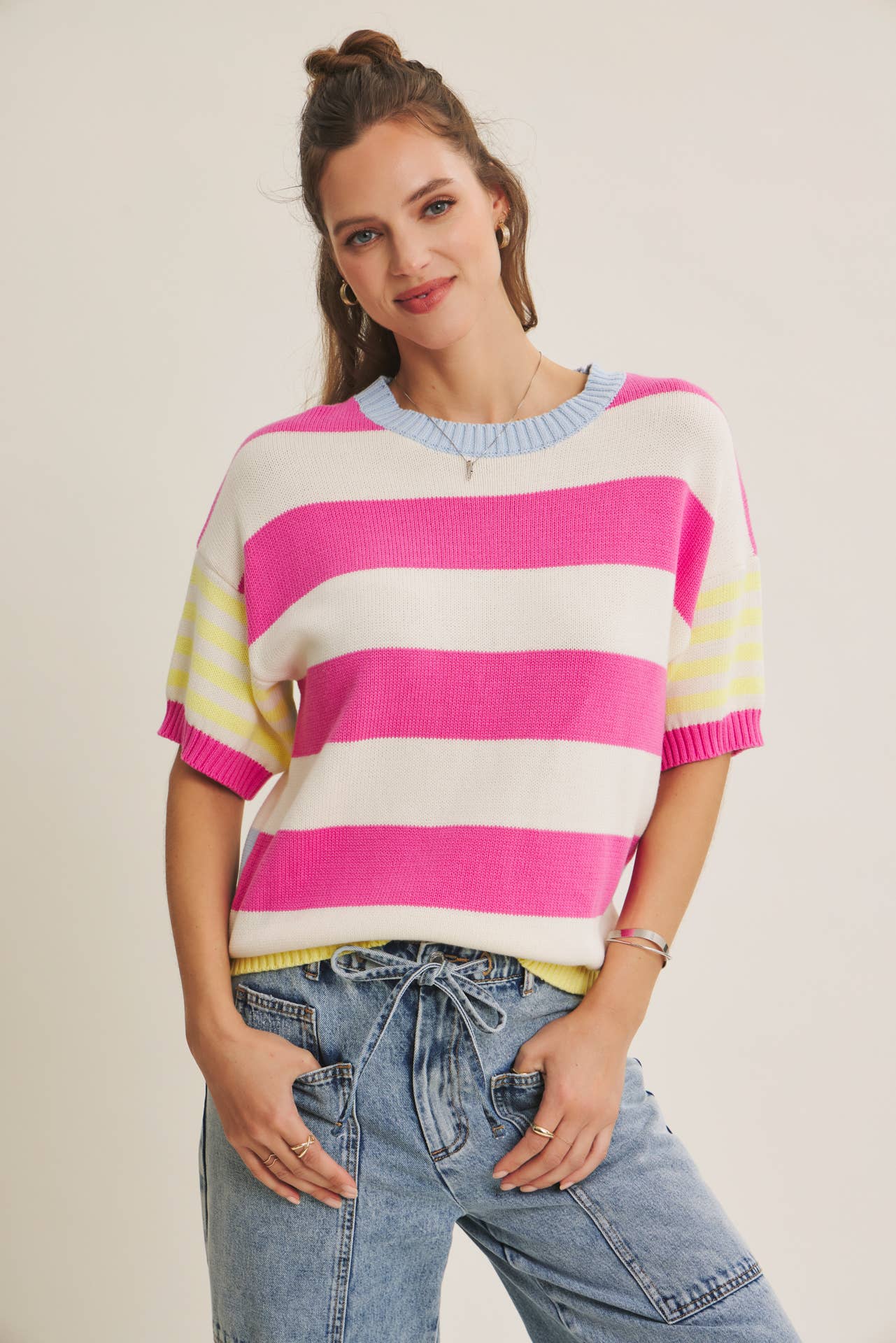 PLAYFUL SUMMER MULTI STRIPE COTTON SWEATER TOP: FUCHSIA/LEMON
