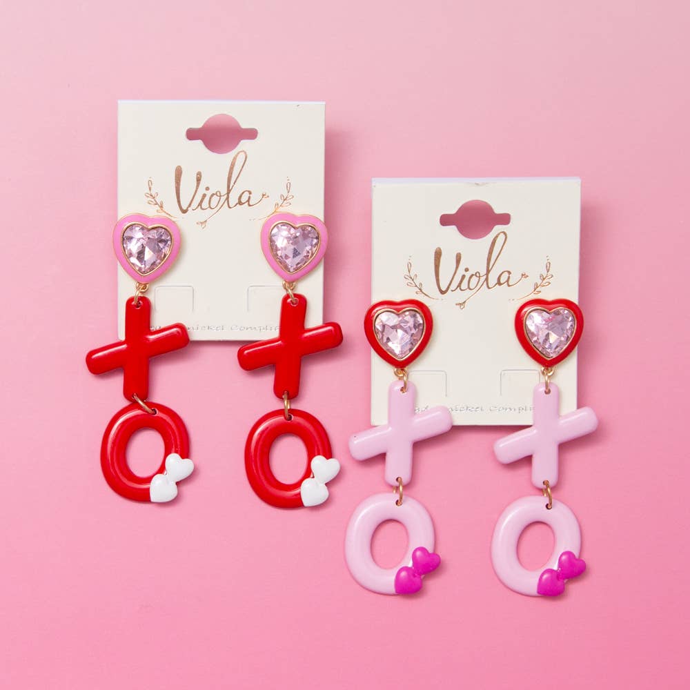 XO Post Dangle Earrings with Heart Shaped Crystal Top: Pink