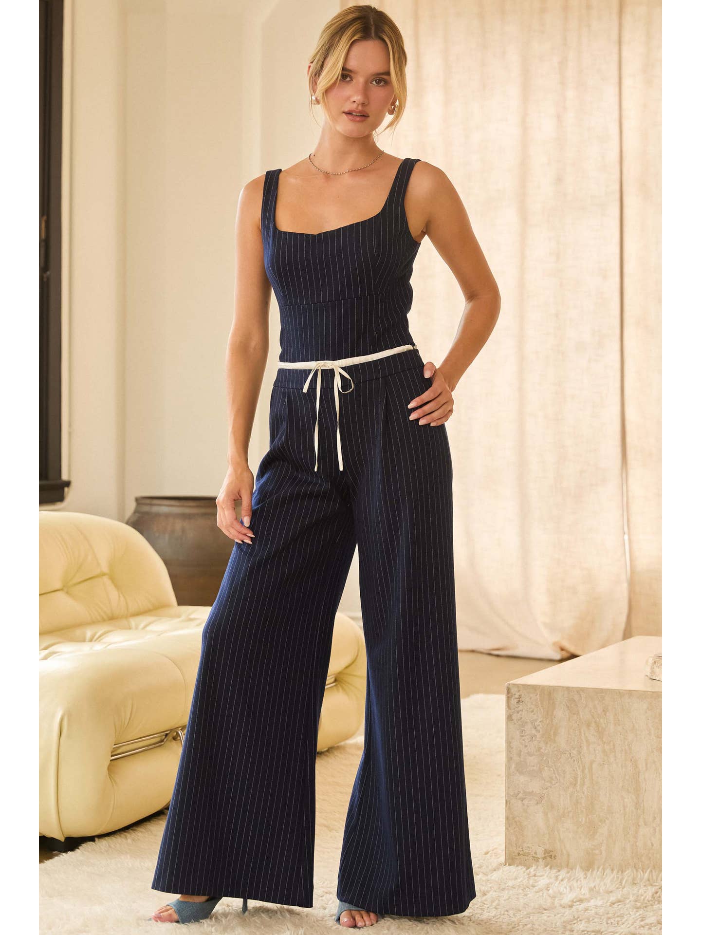NAVY WHITE Pinstripe Double Waist Wide Leg Trousers