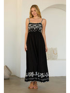 BLACK/IVORY Embroidered Maxi Dress with Contrast Detail
