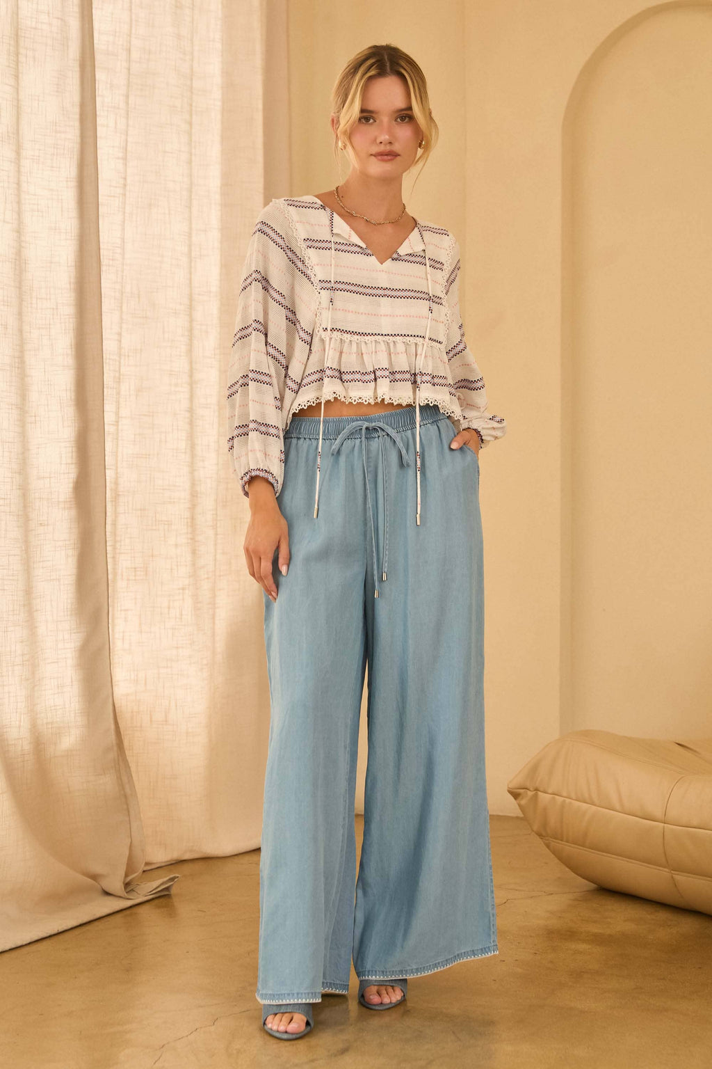 Washed TENCEL Embroidered Pants: Blue Tencel