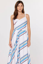 Blue/Red multi Stripe Wrap Detail Midi Dress: