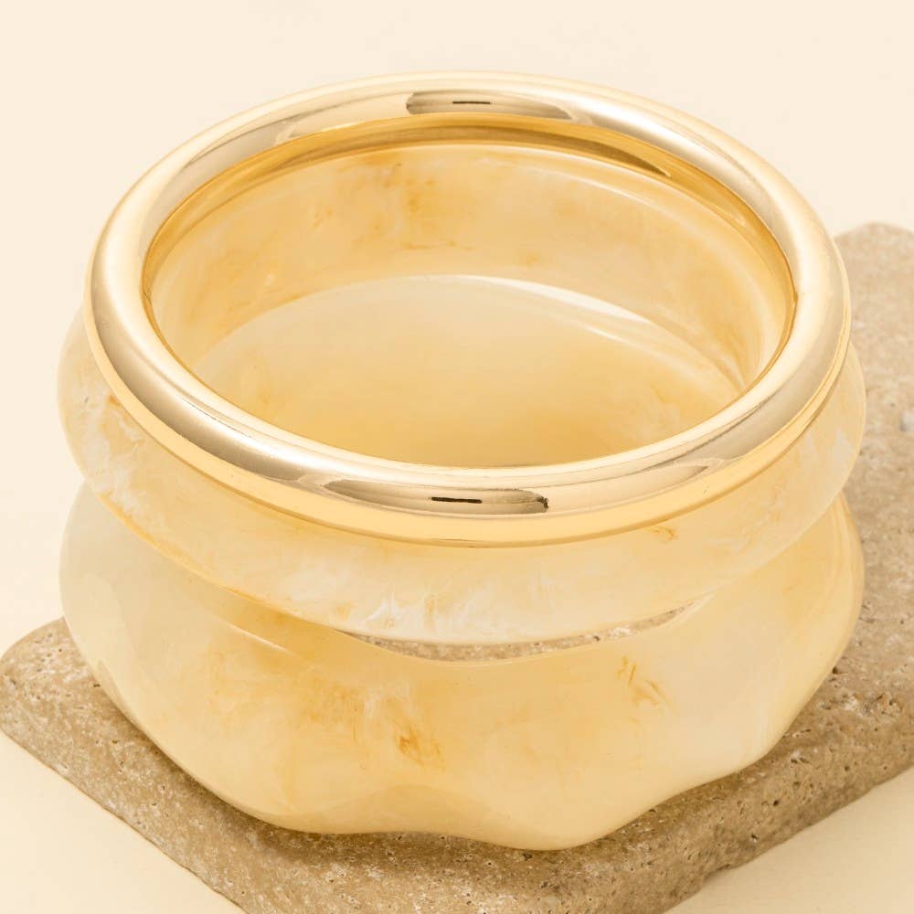 Metallic Tube And Wide Marble Resin Bangle Bracelet Set: KA