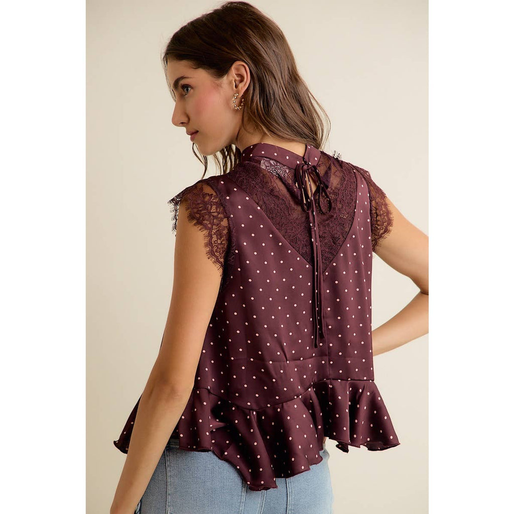 WINE POLKA DOT SATIN LACE TRIM RUFFLED HIGH NECK BLOUSE TOP