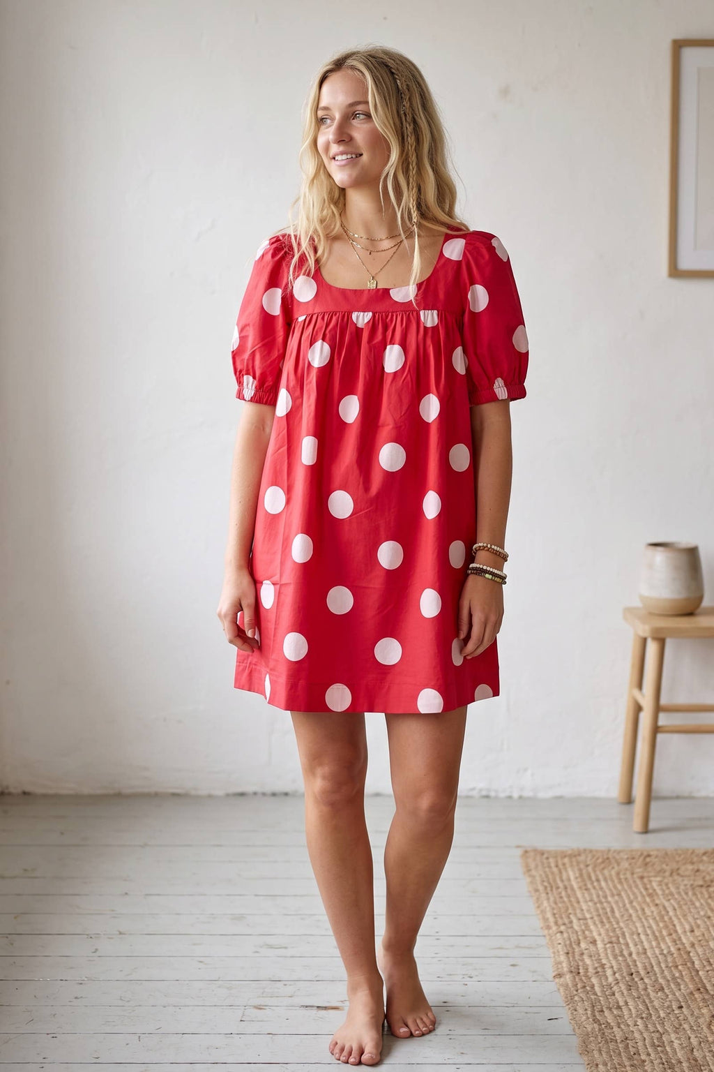Orange White Gameday Polka Dot Puff Sleeve Dress