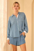 Washed Tencel Shirt with Pocket and Stripe Cuff: Chambray Blue