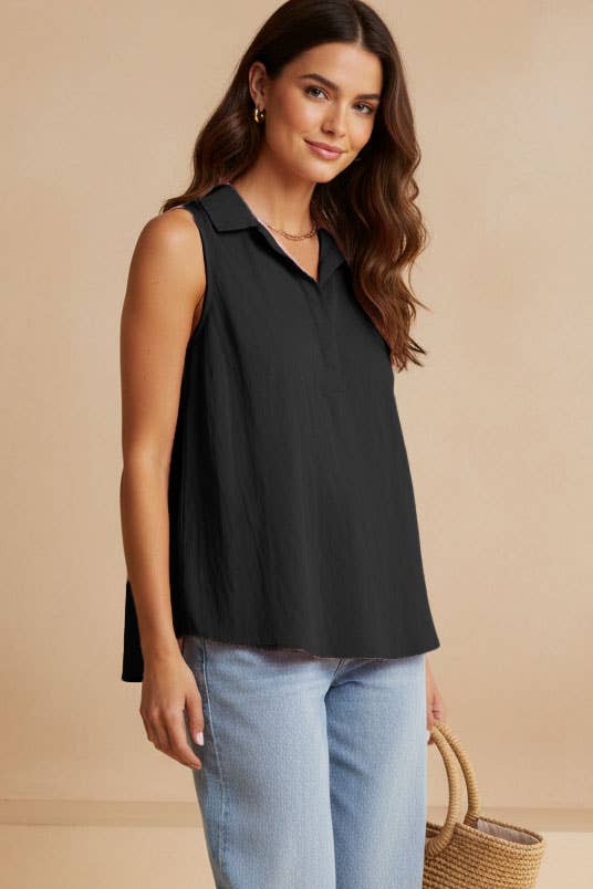 BLACK Sleeveless Collared Half Placket Top