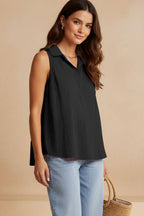 BLACK Sleeveless Collared Half Placket Top
