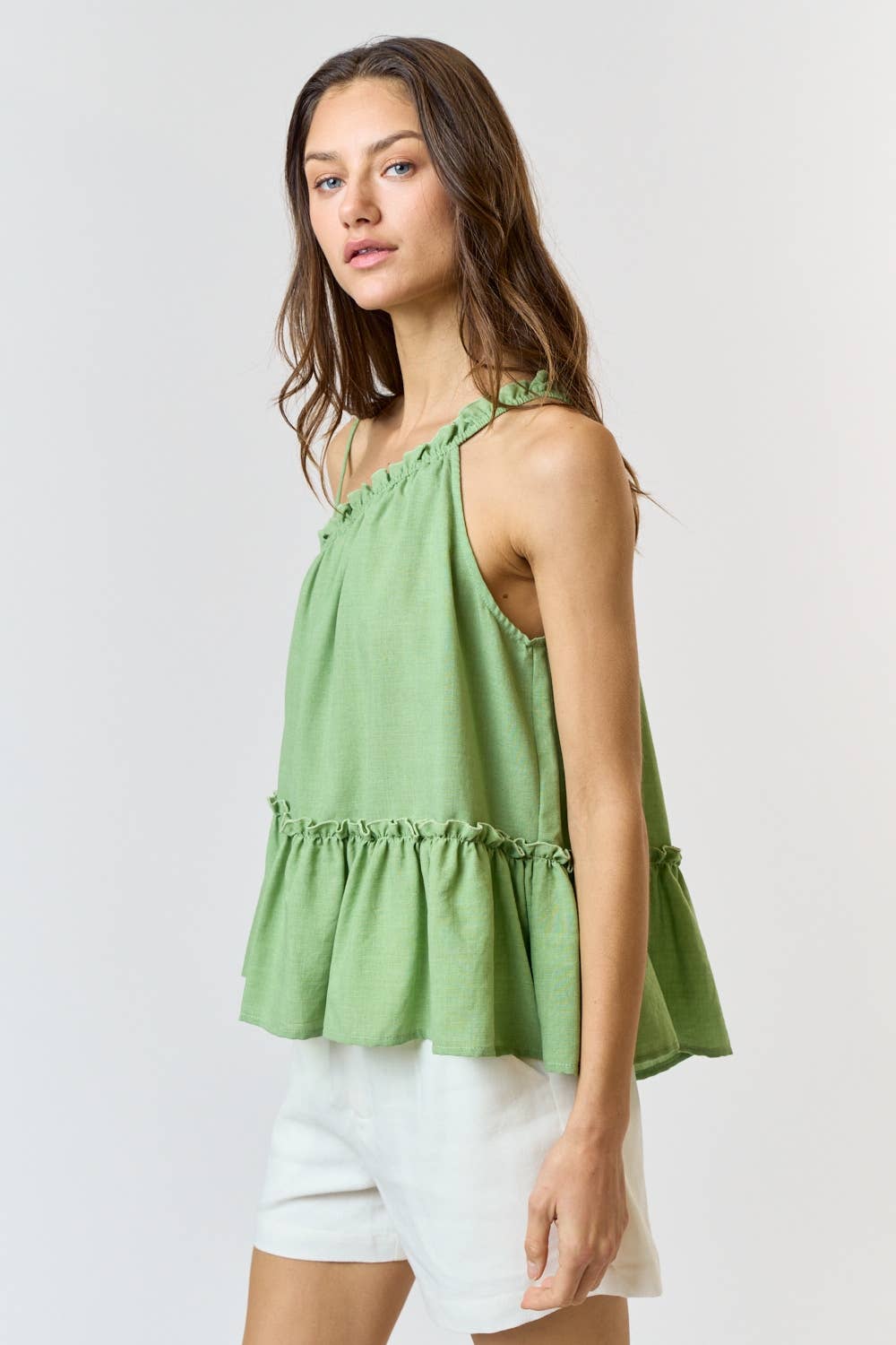 Green One Shoulder Ruffled Babydoll Tank Top