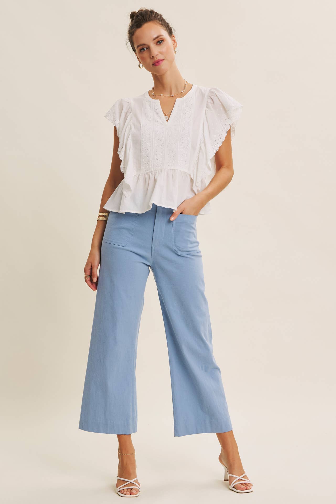 SEASONLESS STRETCHY COTTON LINEN ANKLE PANTS WITH POCKETS: BLUE