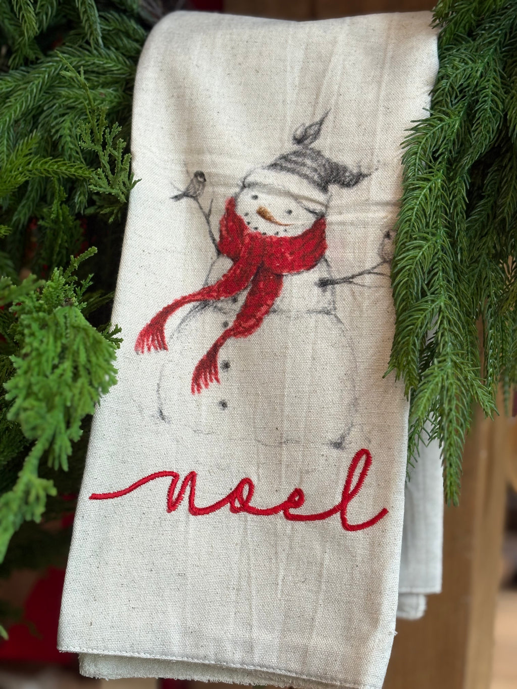 Cotton & Linen Printed Tea Towel w/ Snowman & Santa, 4 styles