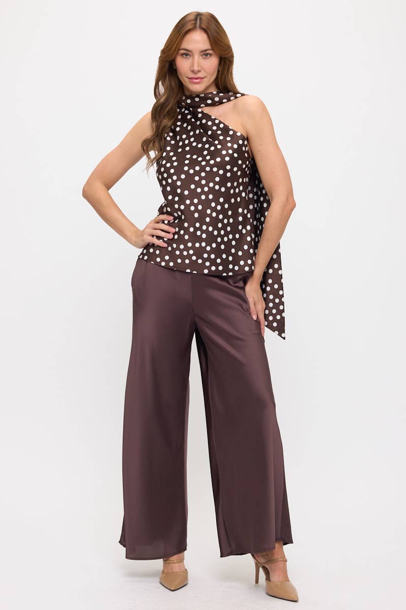 BROWN Made in USA One Shoulder Polka Dot  Top w Scarf