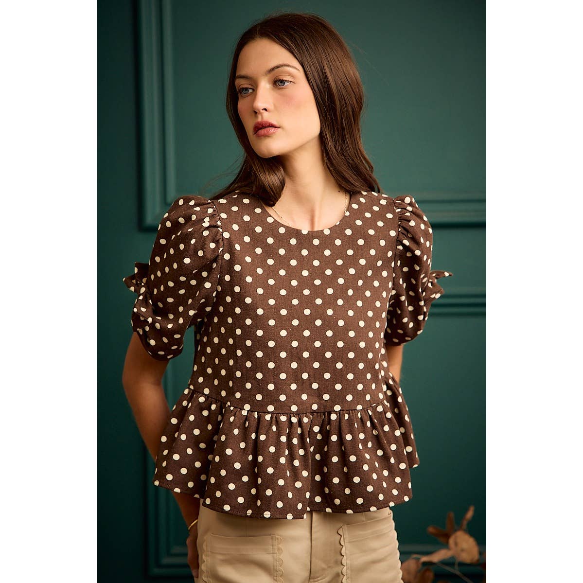 BROWN/IVORY POLKA DOT BOW DETAIL SHORT SLEEVES PEPLUM TOP
