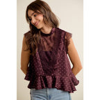 WINE POLKA DOT SATIN LACE TRIM RUFFLED HIGH NECK BLOUSE TOP