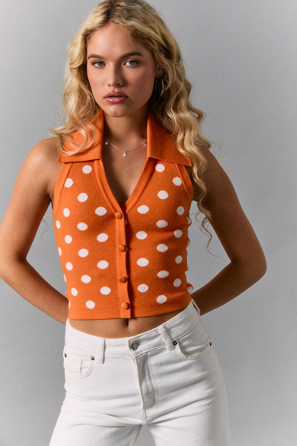 Orange White Dot V-NECK HALTER POLKA DOT KNIT SWEATER TOP