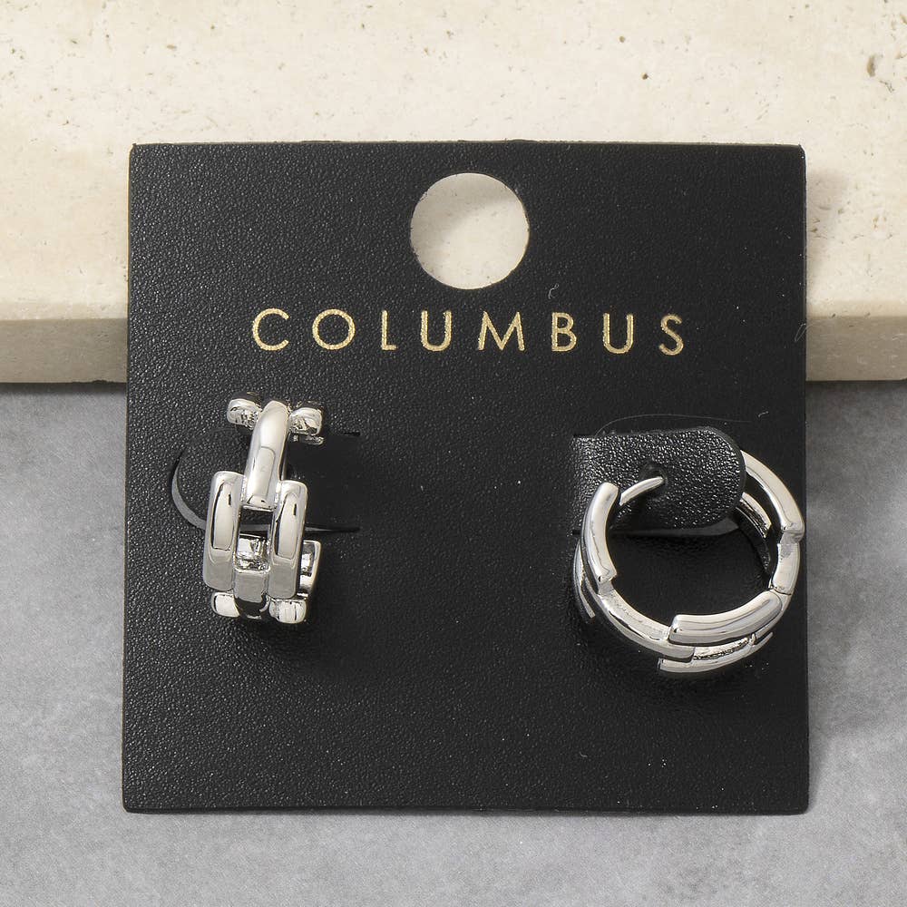 Silver Chunky Chain Link Textured Huggie Hoop Earrings