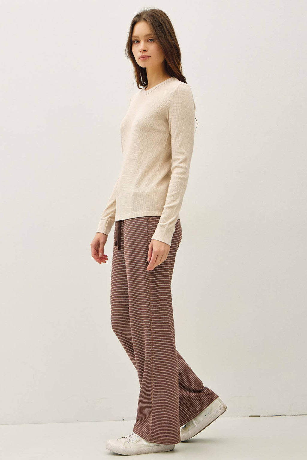 STITCHED THERMAL CREW NECK TOP: OATMEAL