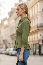 Black DART DETAIL 3/4 SLEEVE BUTTON DOWN BLOUSE