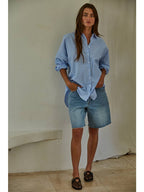 DENIM BLUE WHITE STRIPE BUTTON DOWN BLOUSE