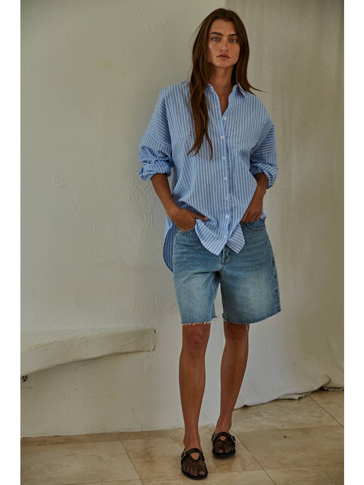 DENIM BLUE WHITE STRIPE BUTTON DOWN BLOUSE