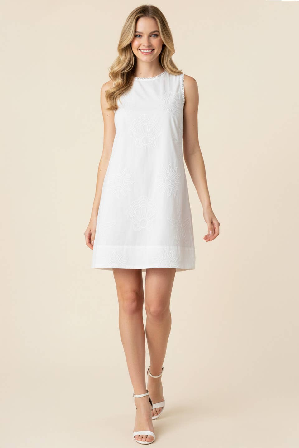 White SEASIDE EMBROIDERED SLEEVELESS MINI DRESS
