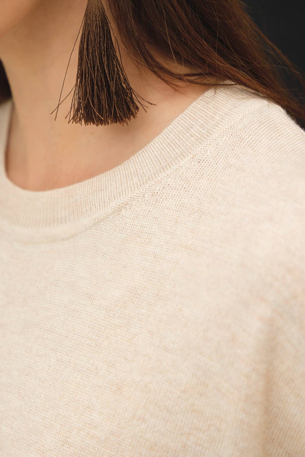 Oatmeal WOOL BLENED BOXY FIT SHORT SLEEVE SWEATER TOP