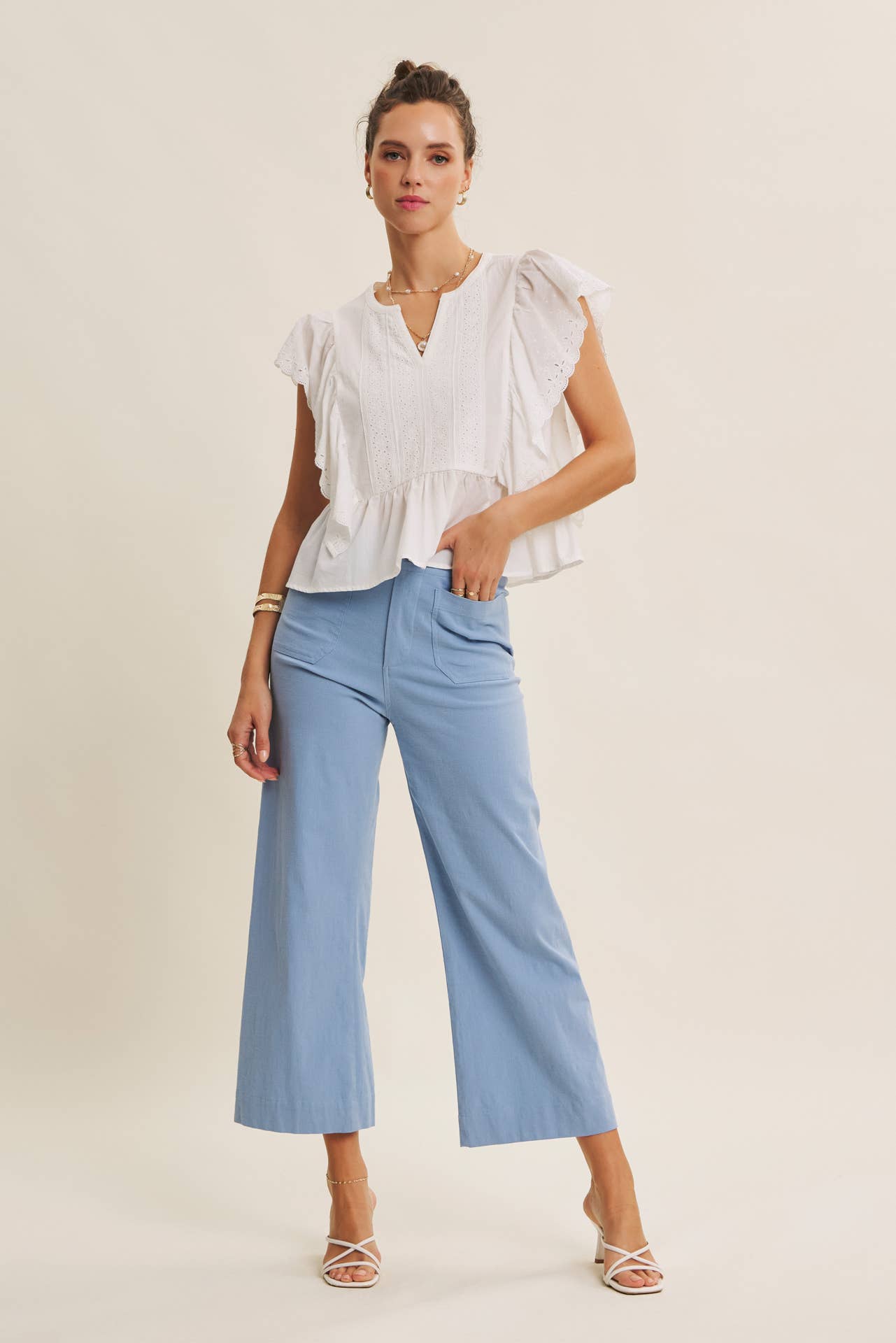 SEASONLESS STRETCHY COTTON LINEN ANKLE PANTS WITH POCKETS: BLUE