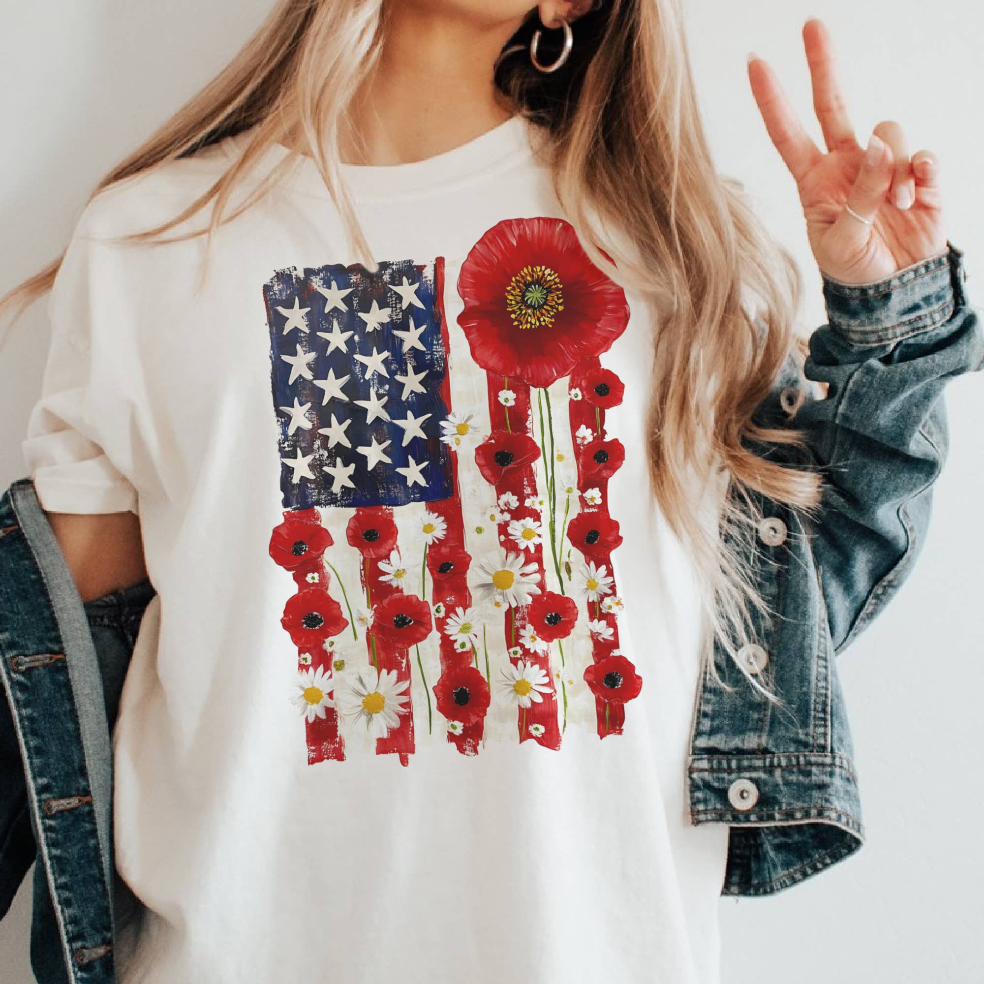 White USA Flag Floral Poppy Country Patriotic America Graphic Tee