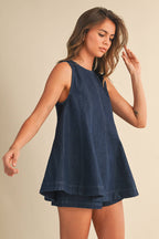 DENIM LONGLINE SLEEVELESS TOP AND SHORTS SET