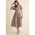 Brown GINGHAM LACE TRIM PUFF SLEEVES LINED MIDI DRESS