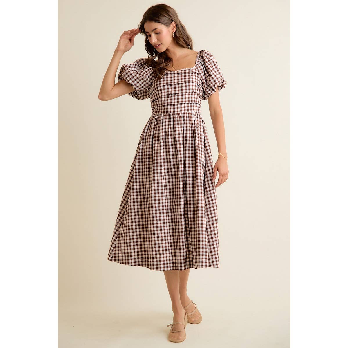 Brown GINGHAM LACE TRIM PUFF SLEEVES LINED MIDI DRESS