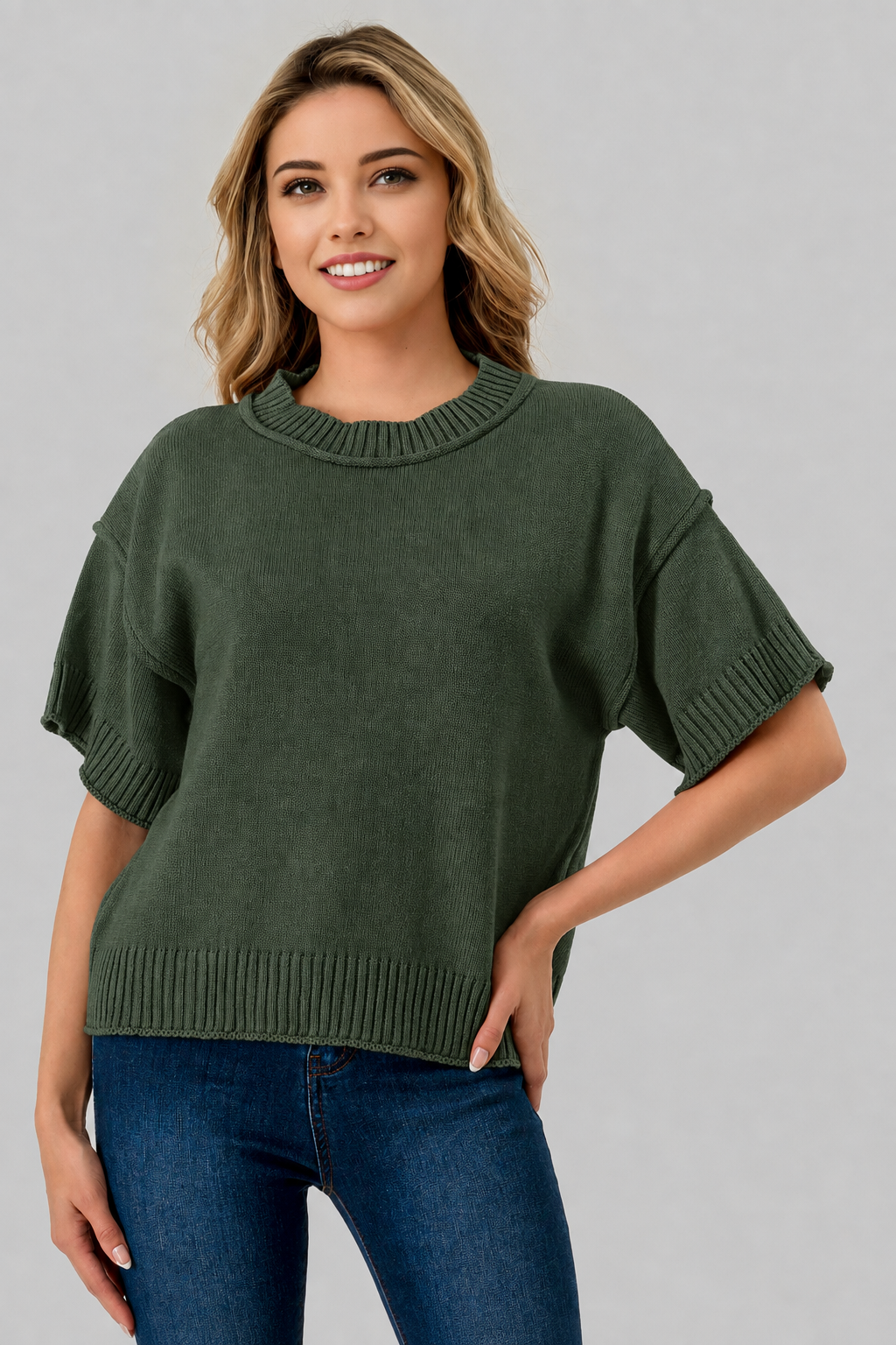 MOSS GREEN Reverse Seam Short Sleeve Sweater Top – Pixi + Ivy