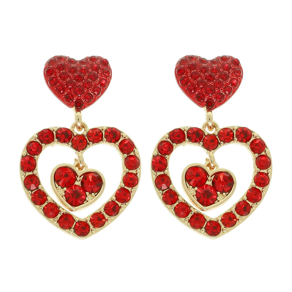 Red Rhinestone Pavé Double Heart Post Dangle Earrings