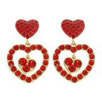 Red Rhinestone Pavé Double Heart Post Dangle Earrings
