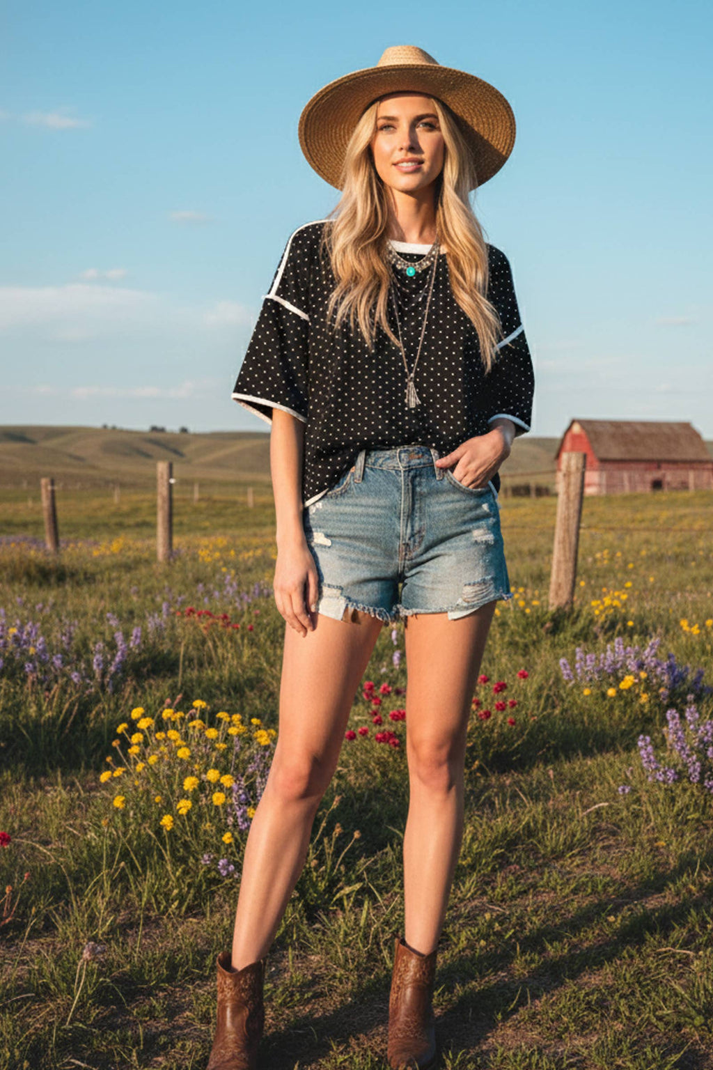 BLACK Polka Dot Contrast Trim ToP