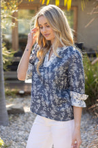 NAVY CONTRAST BAND FLORAL PRINTED COTTON JACQUARD  TOP