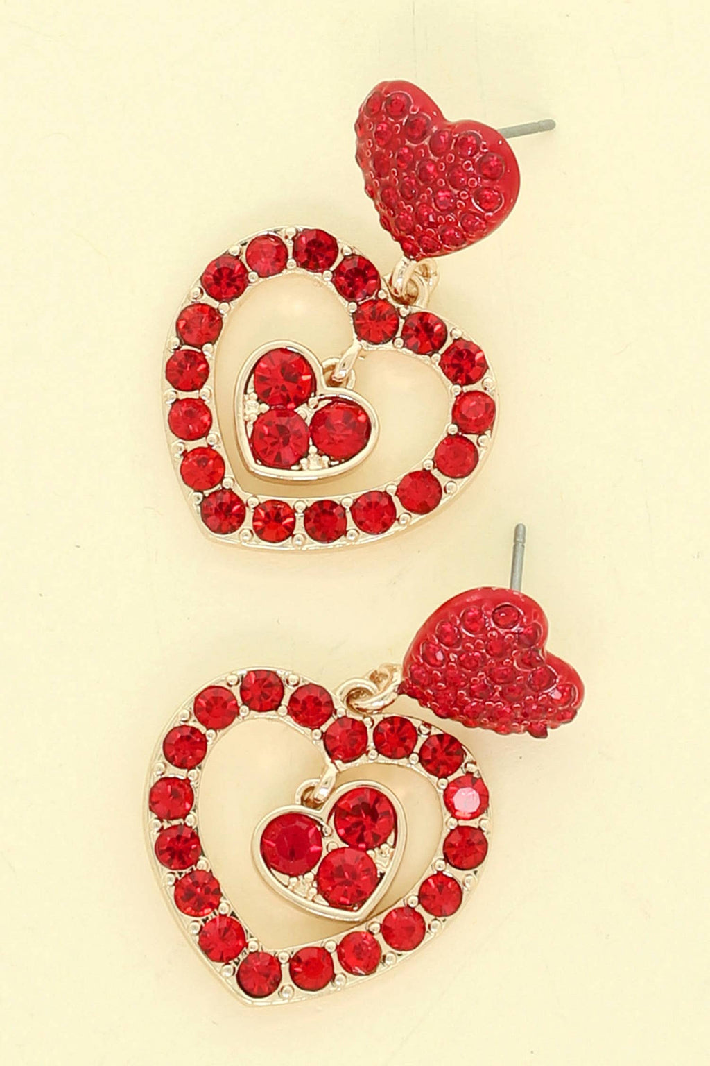 Red Rhinestone Pavé Double Heart Post Dangle Earrings