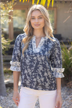 NAVY CONTRAST BAND FLORAL PRINTED COTTON JACQUARD  TOP