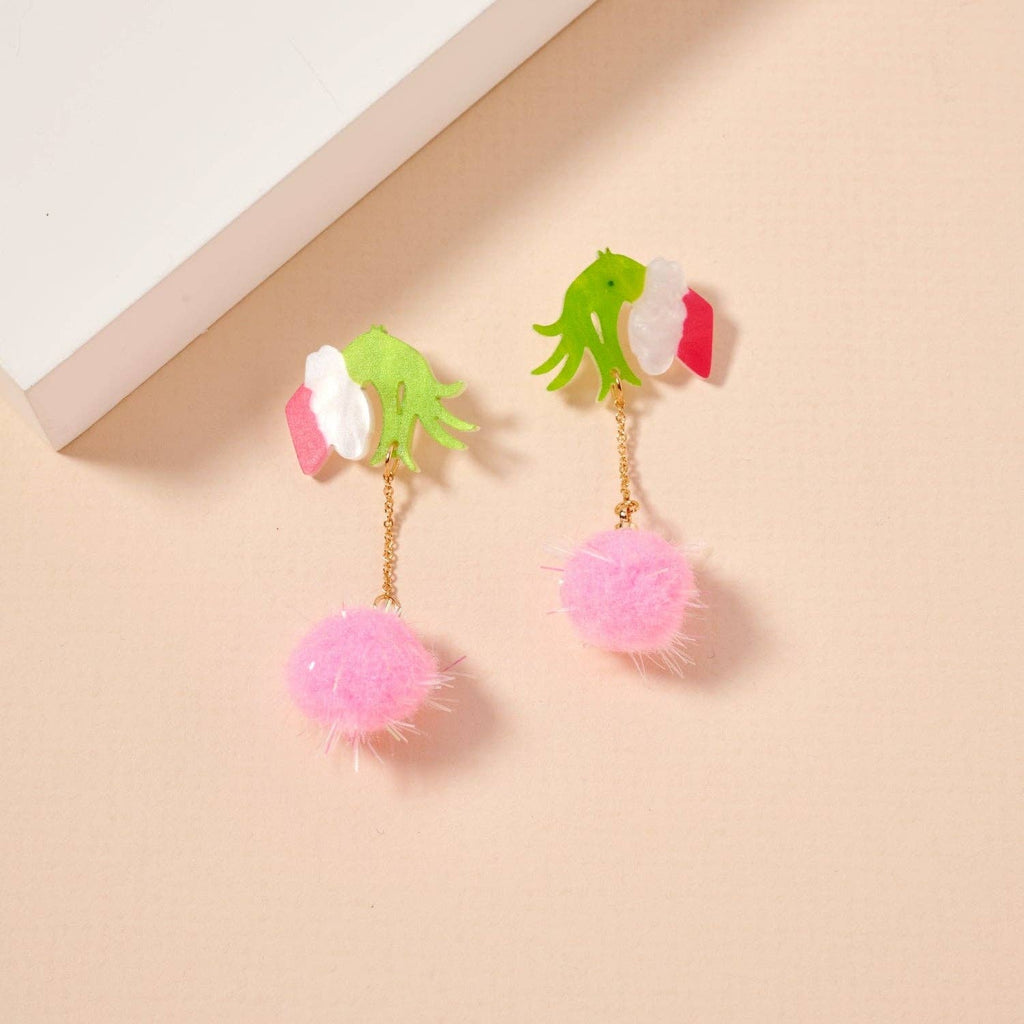 Christmas Green Monster Hand & Pom-Pom Dangling Earrings: Pink / One / 4SE31114