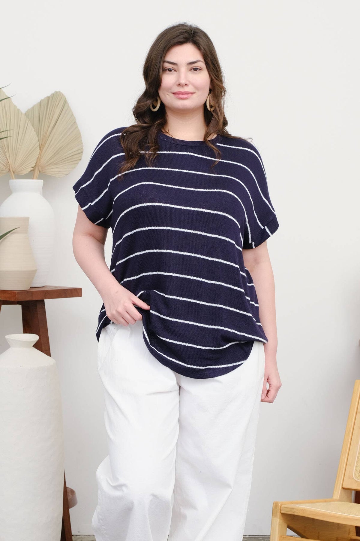 PLUS STRIPE ROUND NECK SHORT CUFF SLEEVE KNIT TOP : NAVY