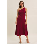 BURGUNDY HOLIDAY GLAM ONE-SHOULDER MIDI DRESS WITH SLANTED SEAMWORK